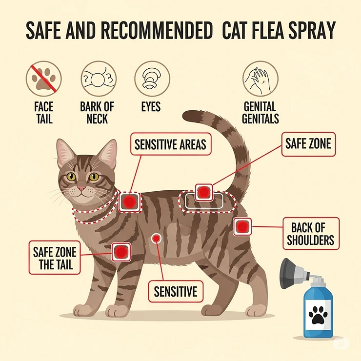 Infographic demonstrating safe and recommended areas to apply cat flea spray on a cat's body, avoiding sensitive regions.