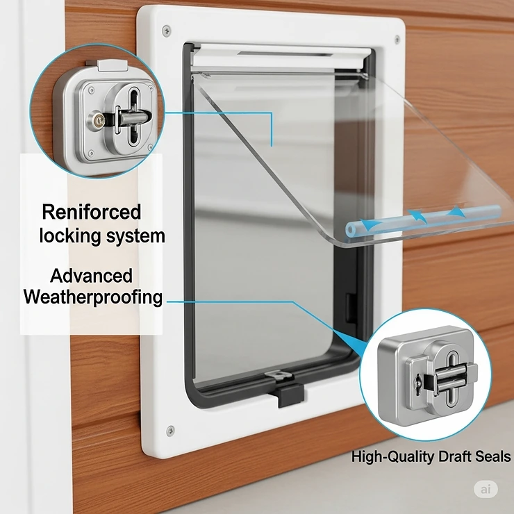Close-up illustration showcasing essential security features of a high-quality garage cat door, including its robust locking mechanism and effective draft seals.