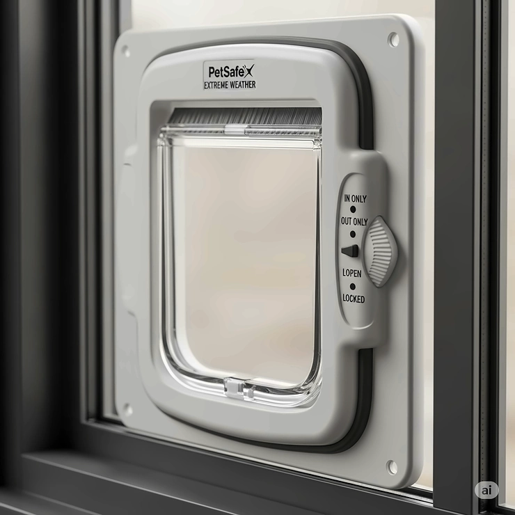 Close-up view of a high-quality, weather-sealed cat flap for windows, showcasing its robust construction and features that prevent drafts and maintain home security.
