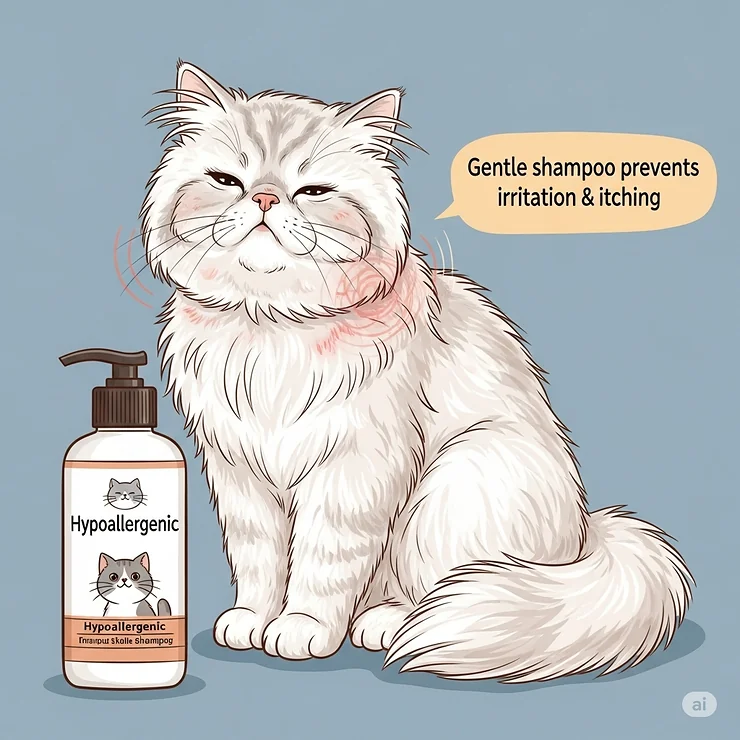 An illustration of a cat with sensitive skin, emphasizing the need for hypoallergenic feline shampoo to prevent irritation.