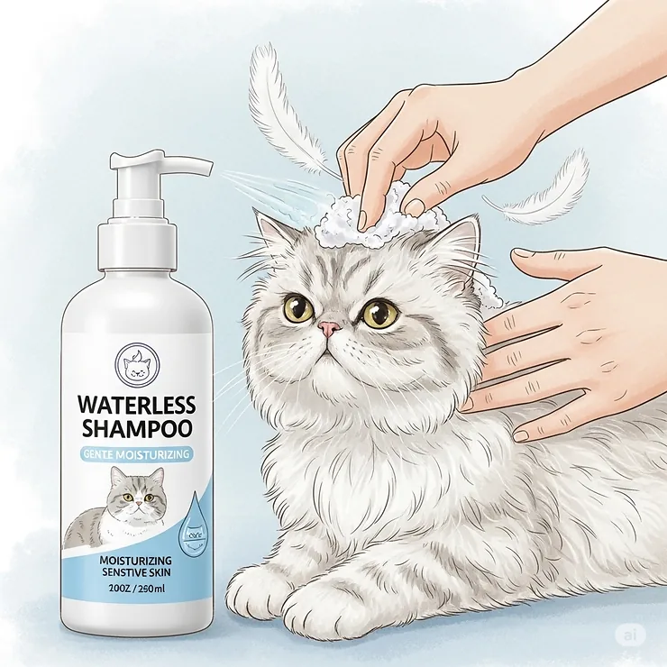 An illustration of a cat with sensitive skin being gently cared for with a specialized waterless cat shampoo, emphasizing its mild formula.