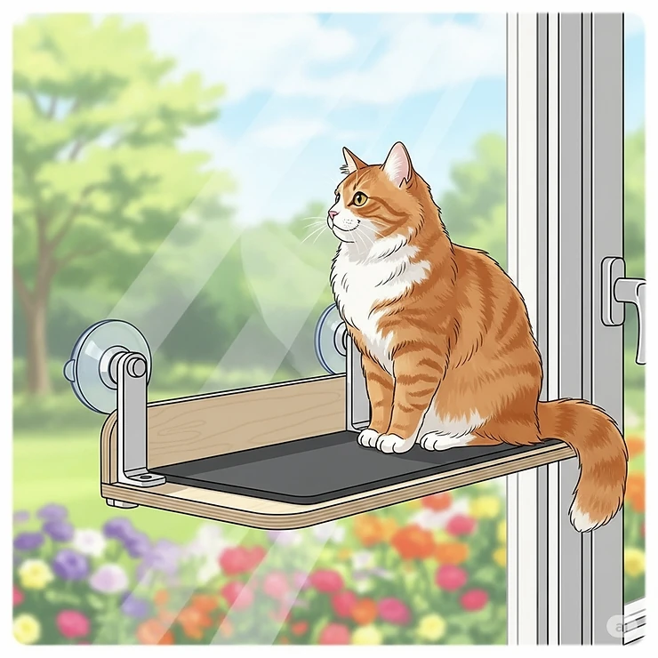 An illustration of a simple window perch with suction cups, demonstrating an easy way for cats to enjoy an outdoor view from a comfortable perching spot.