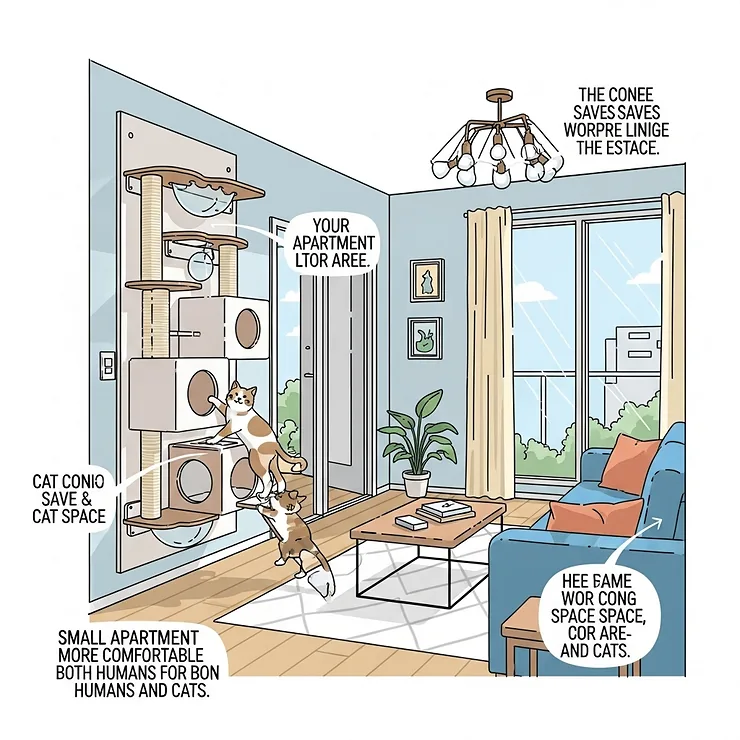 An illustration highlighting how a wall mounted cat condo saves floor space in a small apartment, making it ideal for compact living.