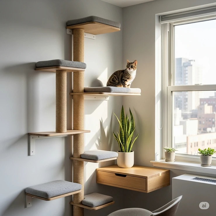 Space-saving wall mounted cat tower seamlessly integrated into a small apartment, maximizing vertical space for feline enrichment.