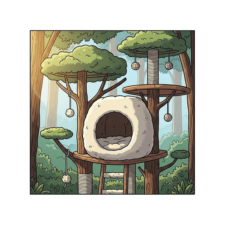 An illustration depicting a generously sized cat condo or cave integrated into a large cat tree, offering a secure and private retreat for big cats.