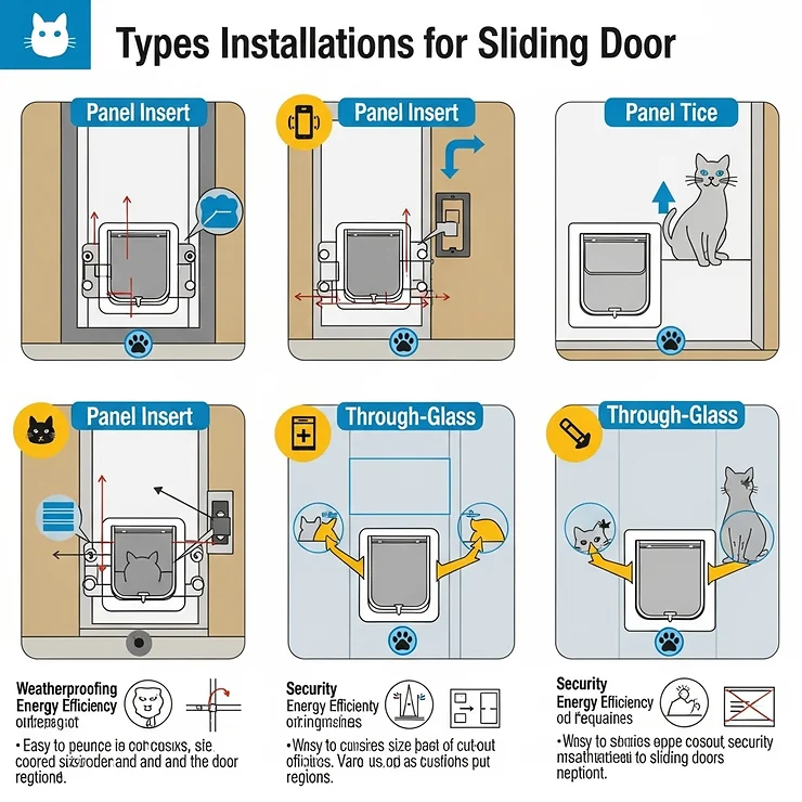 An infographic showcasing various types of cat door installations for sliding doors, including panel inserts and through-glass options, highlighting their unique features.