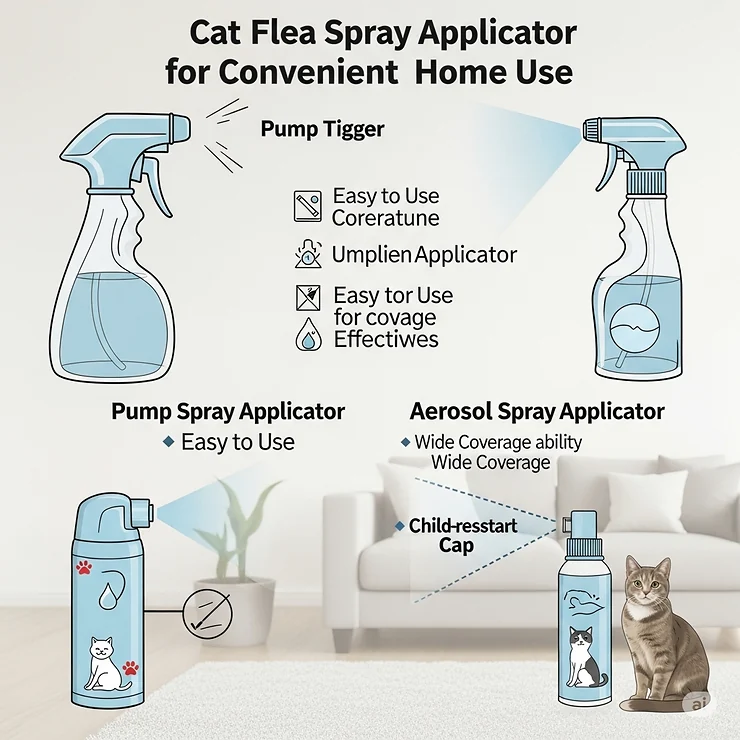 Illustration showcasing different types of cat flea spray applicators, including pump and aerosol options, for easy home use.