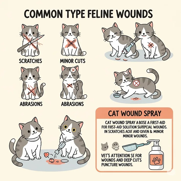 An illustration categorizing different types of common cat wounds like scratches, minor cuts, or abrasions, indicating when a cat wound spray is an appropriate first-aid solution.