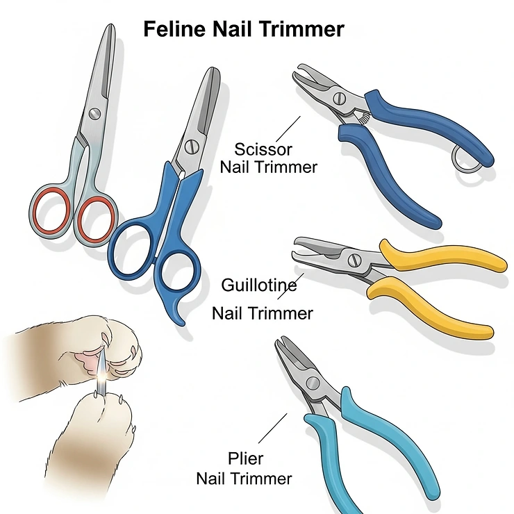 Various types of feline nail trimmers including scissor, guillotine, and plier styles for different preferences.