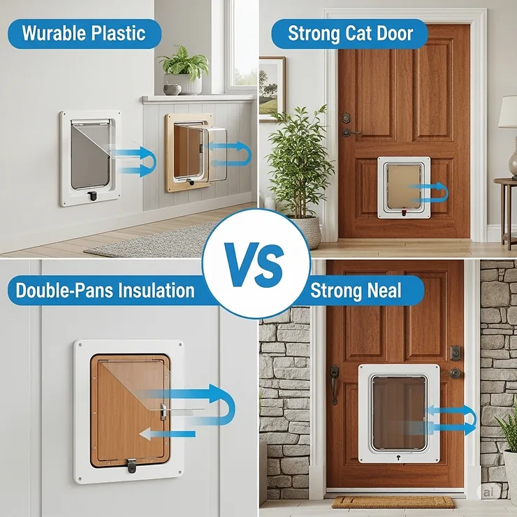 Visual comparison of different types of insulated cat doors, including wall-mounted and door-mounted options, to suit various home configurations and insulation needs.