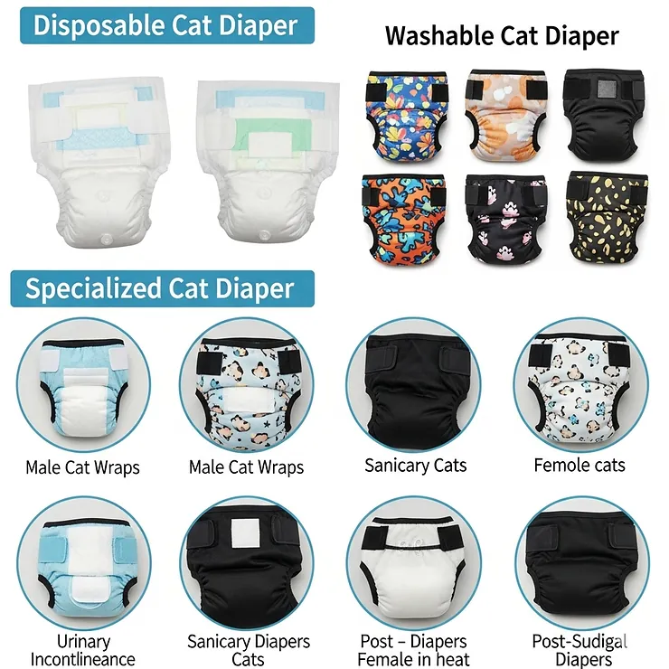 Visual representation of various types of cat diapers, showcasing different styles like disposable, washable, and specialized designs.