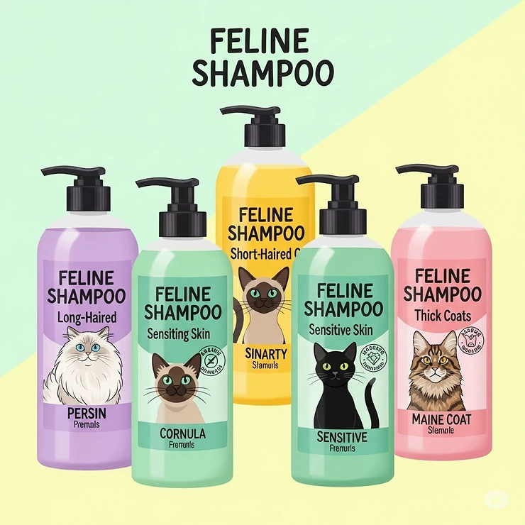 An illustration showcasing various bottles of feline shampoo, highlighting options for different coat types and skin sensitivities.