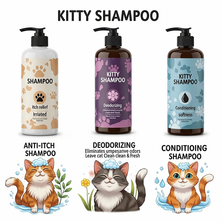 Visual representation of different types of kitty shampoos, such as anti-itch, deodorizing, and conditioning formulas, with their respective benefits.