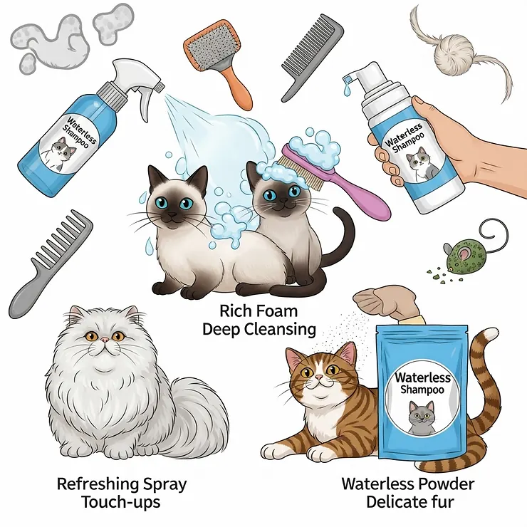 An illustration showcasing various forms of waterless cat shampoo, including spray, foam, and powder options, for diverse grooming needs.