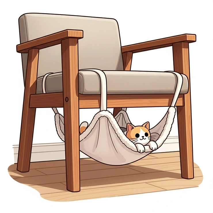 An illustration of a cat hammock suspended beneath a chair, offering a unique and hidden perching spot for a shy or playful cat.