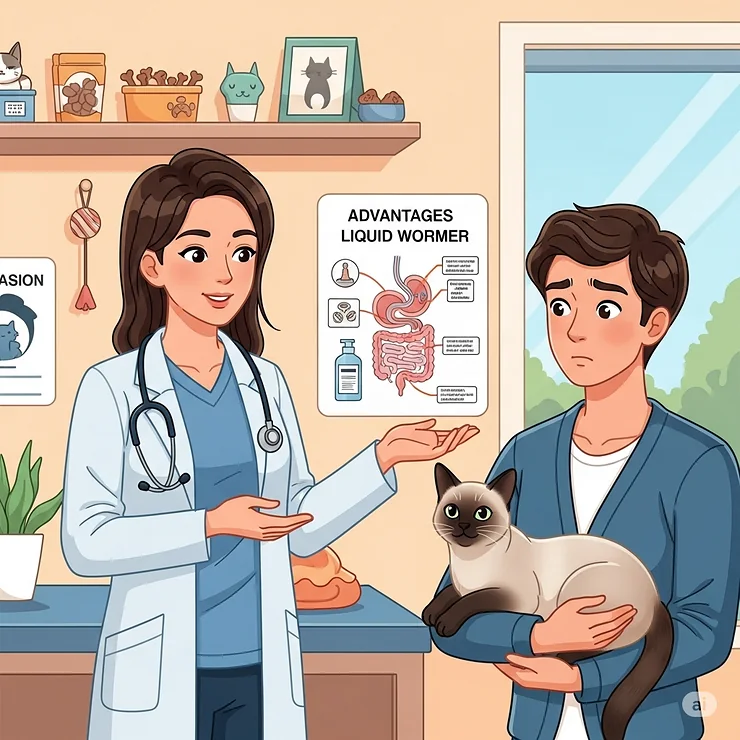 An illustration of a veterinarian advising a cat owner on the benefits and proper use of liquid wormer for their feline companions health.