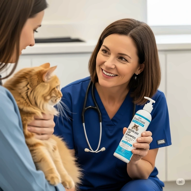 A friendly veterinarian recommending waterless cat shampoo to a cat owner, highlighting its effectiveness and safety for feline hygiene.