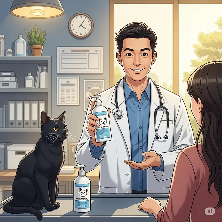 Illustration of a veterinarian recommending a specific cat shampoo, implying expert endorsement for the best cat shampoo choices.