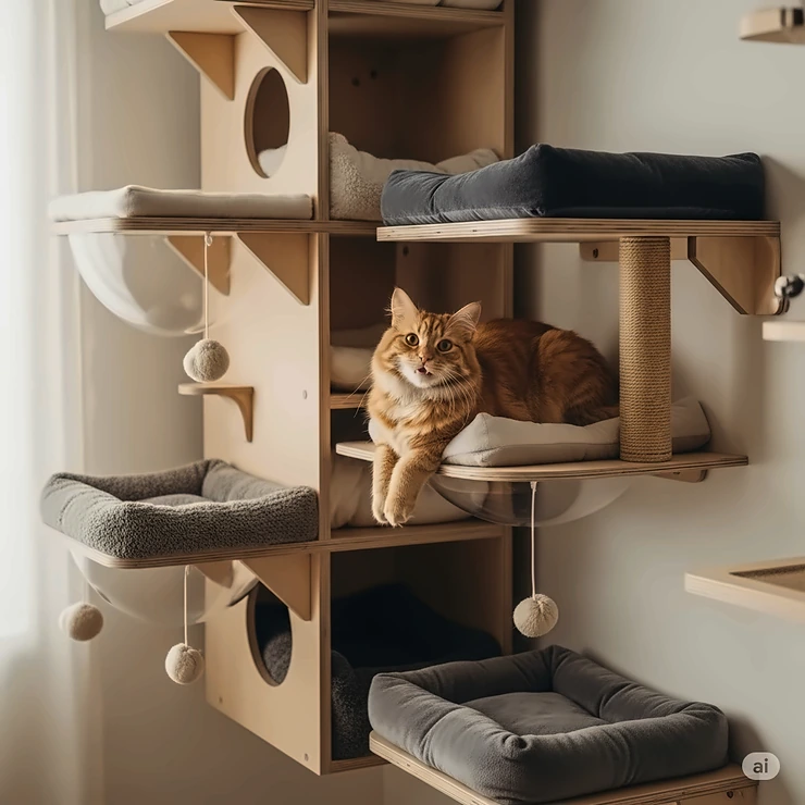 A happy orange cat lounging comfortably in a modern, multi-level wall mounted cat condo with soft cushions, designed to save space and provide vertical enrichment.