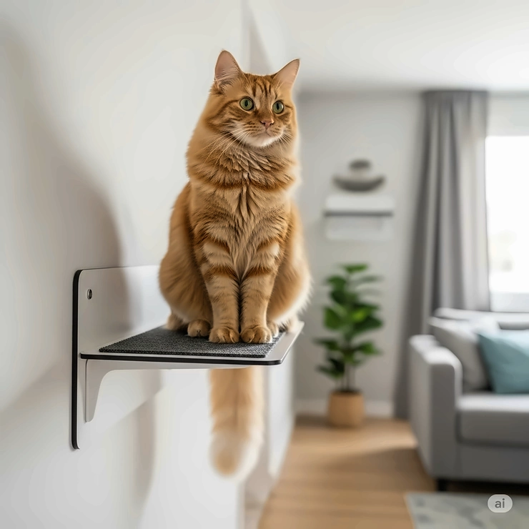 A sleek, wall-mounted cat shelf acting as a high perch, showcasing how cats enjoy elevated spaces for safety and observation.