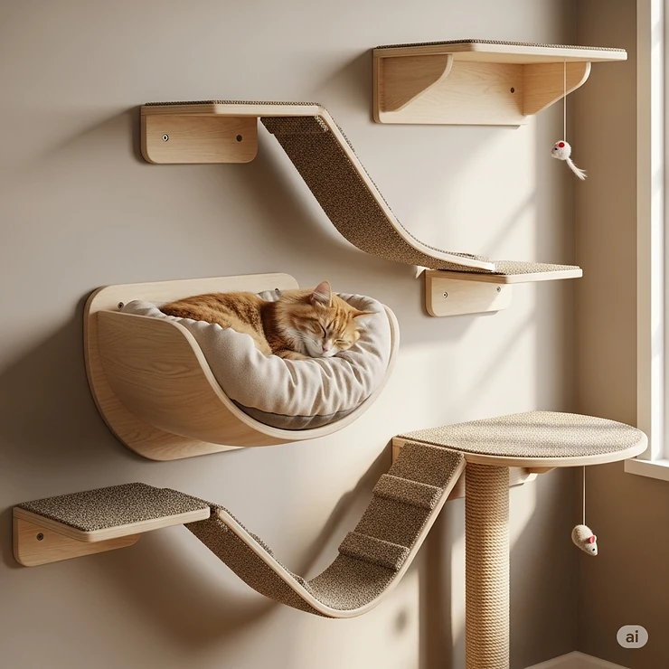 Comfortable wall mounted cat tower featuring a built-in soft cat bed for ultimate relaxation.