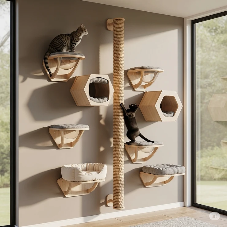 A modern wall mounted cat tower with multiple perches and a scratching post, providing vertical space for cats to play and relax.
