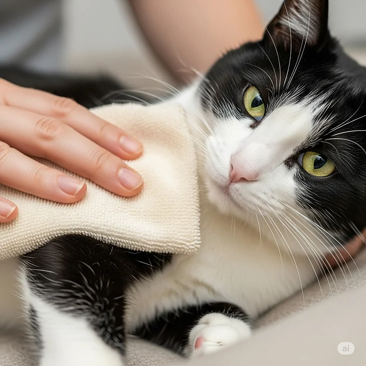A warm, damp cloth being applied to a cat, illustrating the simple yet effective natural pain relief provided by warm compresses for feline aches.
