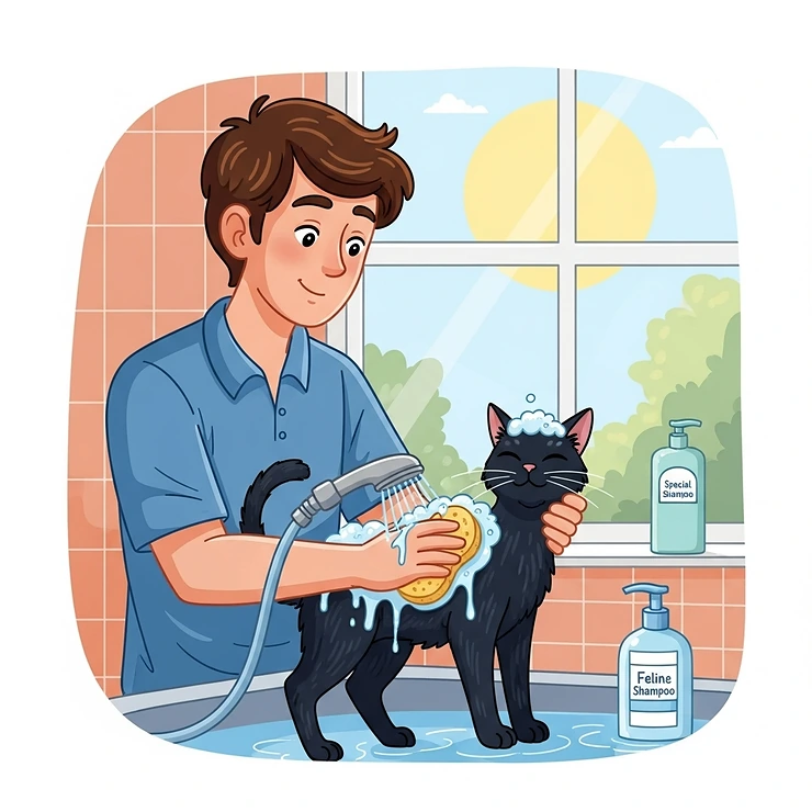 An illustration depicting a person gently washing a cat with feline shampoo, demonstrating proper bathing techniques.