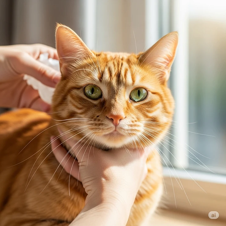 A happy ginger cat being groomed with waterless cat shampoo, looking clean and fresh without the fuss of a bath.
