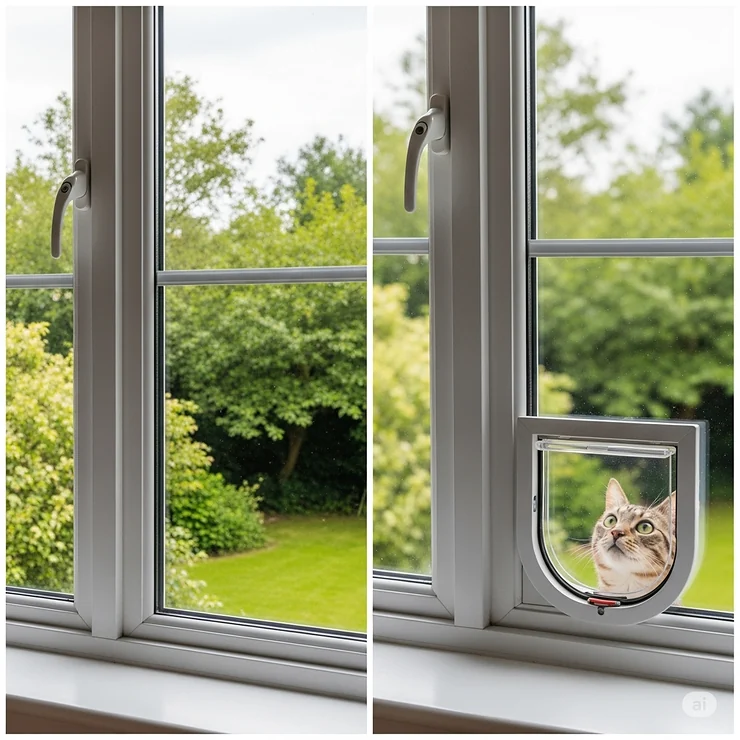 Before-and-after images showcasing a window transformation with the addition of a discreet and functional cat flap, demonstrating its seamless integration.