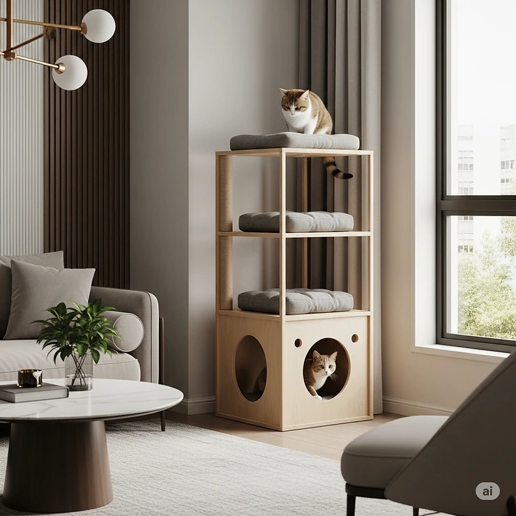 A stylish 3-tier cat tower fitting seamlessly into a modern living room, providing both a play space for cats and a beautiful piece of furniture.