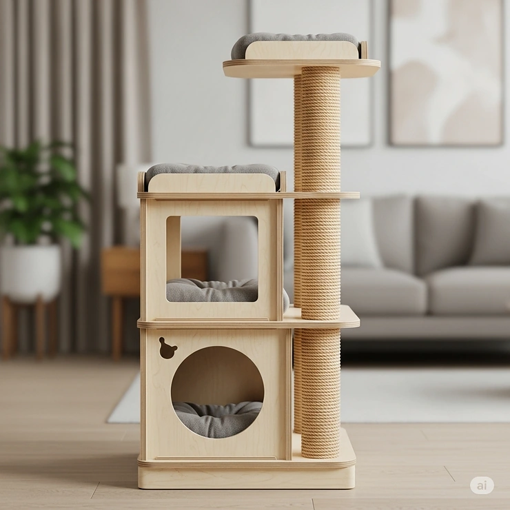 A side view of a versatile 3-tier cat tower, highlighting its multi-level design and space-saving footprint.