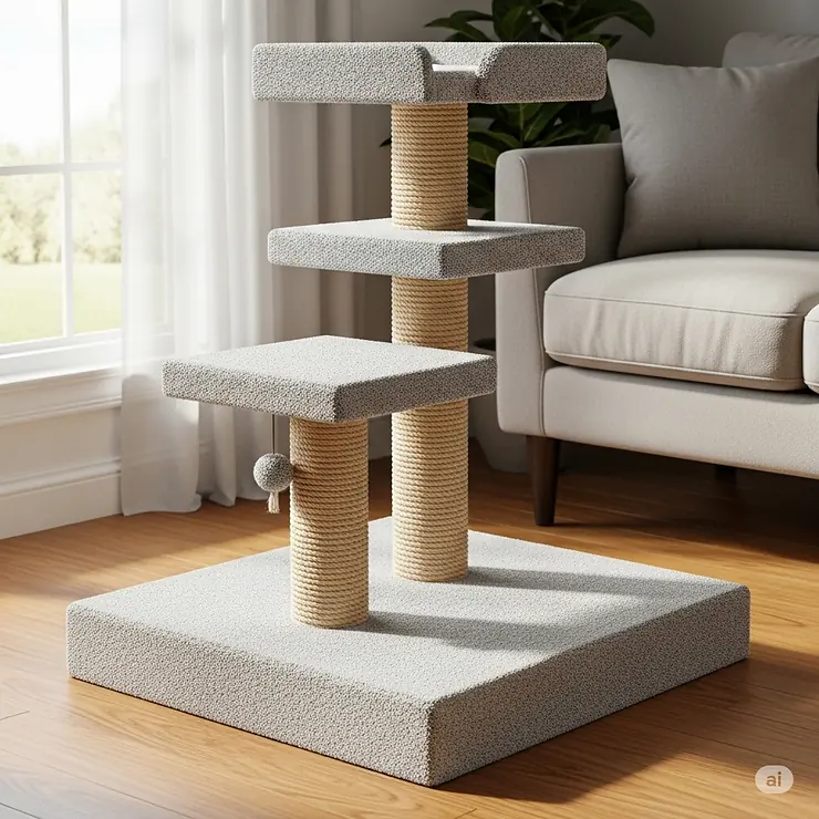 A reinforced base of a sturdy 3-tier cat tower from a low angle, emphasizing its width and stability.