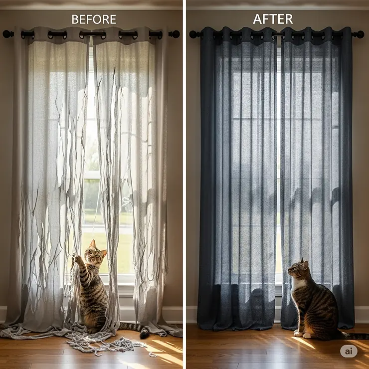 Before and after comparison showing damaged, shredded curtains replaced by pristine, functional cat proof curtains, showcasing their protective benefits.