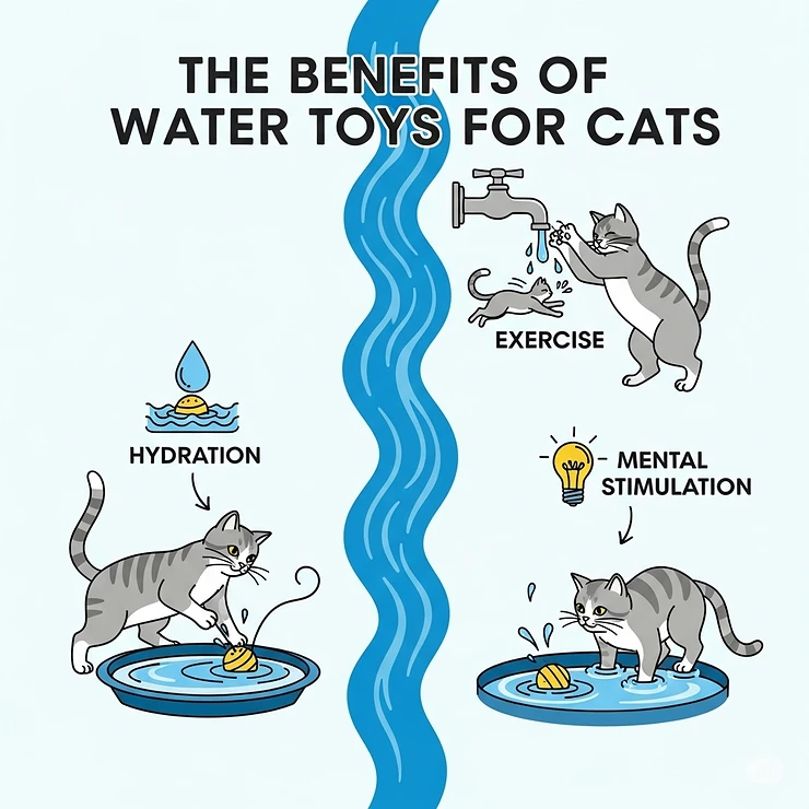 An infographic illustrating the various benefits of water toys for cats, including hydration, exercise, and mental stimulation.