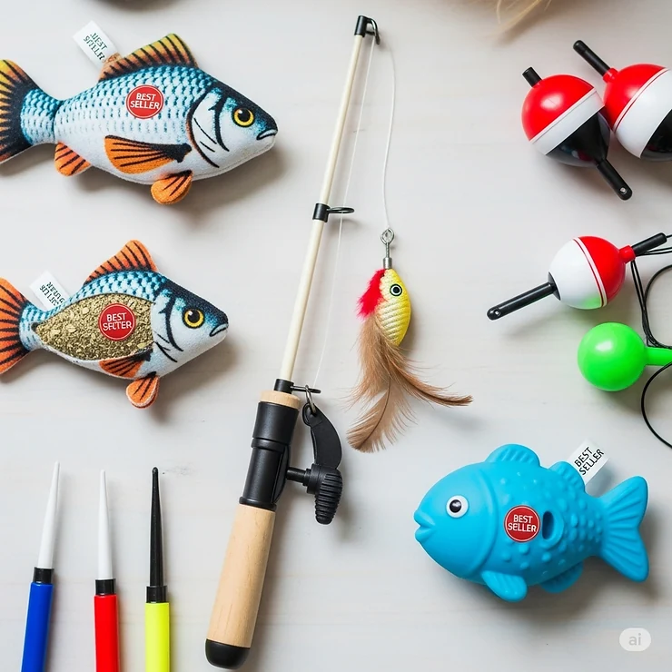 A collection of highly-rated fishing toys for cats, suggesting top picks for engaging and durable play sessions.