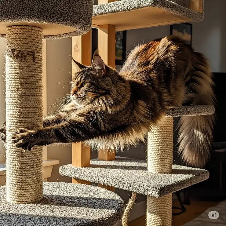 A Maine Coon cat stretching on a sturdy big cat tree, showcasing the scratching post and sisal rope.