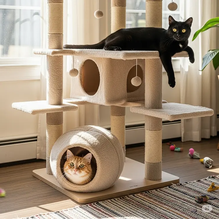 Two cats playing on a big cat tree, with one hiding in a cozy cat condo and the other on a top perch.