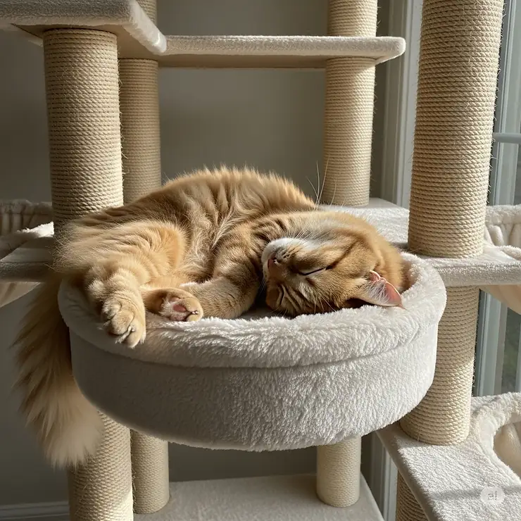 A cat sleeping peacefully on a plush perch of a tall big cat tree, demonstrating comfort and stability.