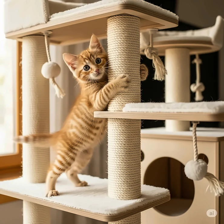 A kitten climbing a big cat tree, showing the accessible design for cats of all ages and sizes.