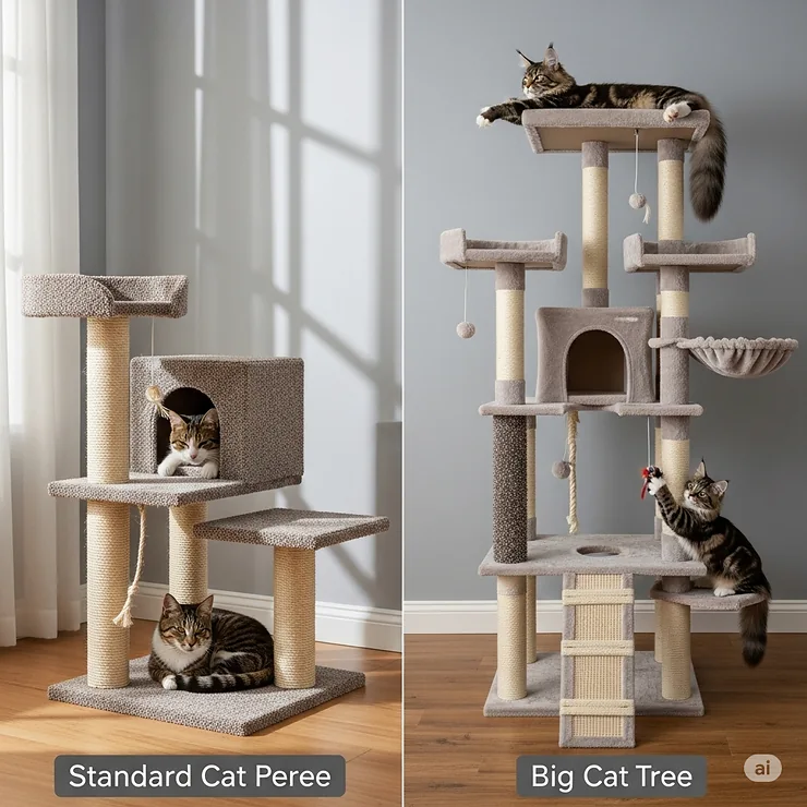 A side-by-side comparison of a standard cat tree and a big cat tree, emphasizing the increased size and features.