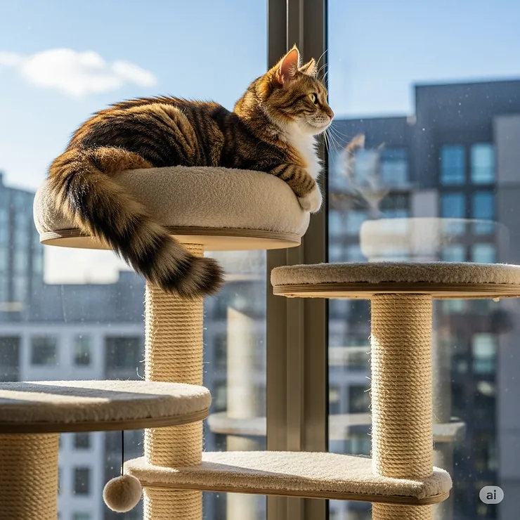 A cat enjoying a lookout spot from the highest perch on a big cat tree, providing a secure vantage point.