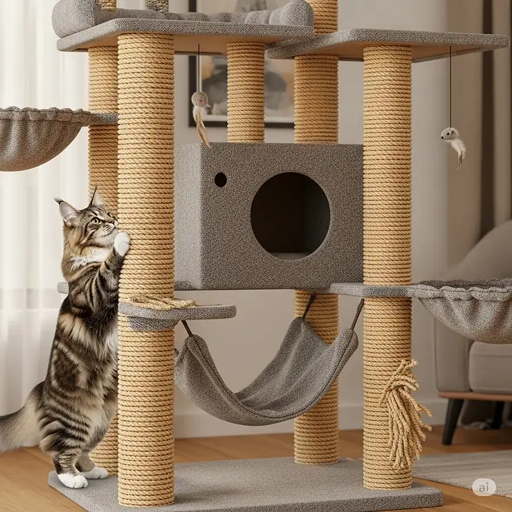 Illustration of thick sisal scratching posts on a cat tree, designed to withstand scratching from a large cat.