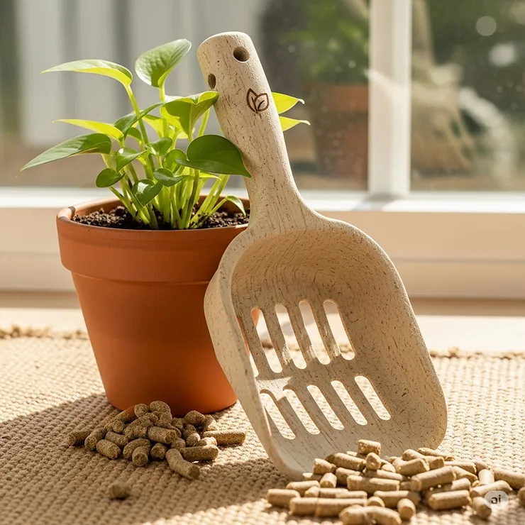 An eco-friendly cat litter scoop made from biodegradable or recycled materials, emphasizing sustainable pet care options.
