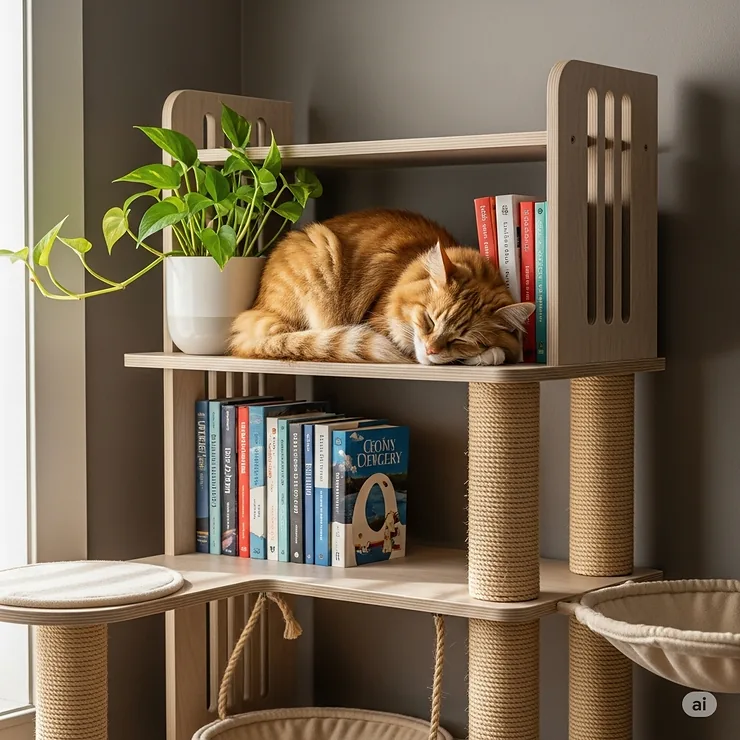 A cozy cat is curled up on the top shelf of a modern bookshelf cat tree, surrounded by books and a small plant, highlighting the integrated design of a cat-friendly bookshelf.