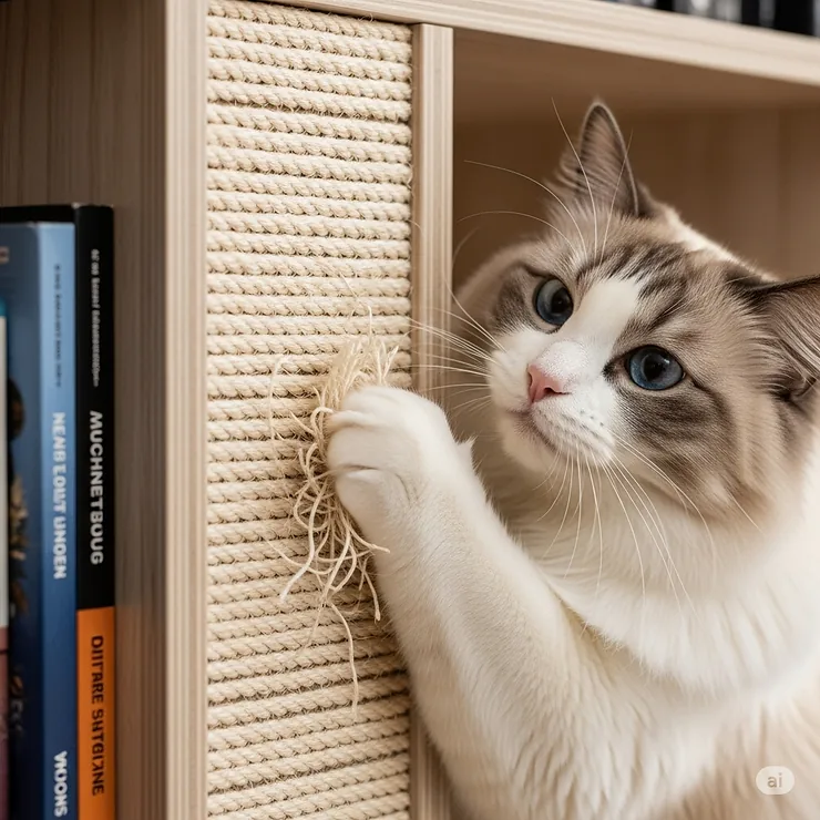A close-up shot of a durable scratching post integrated into the side of a bookshelf cat tree, featuring a cat actively scratching it.