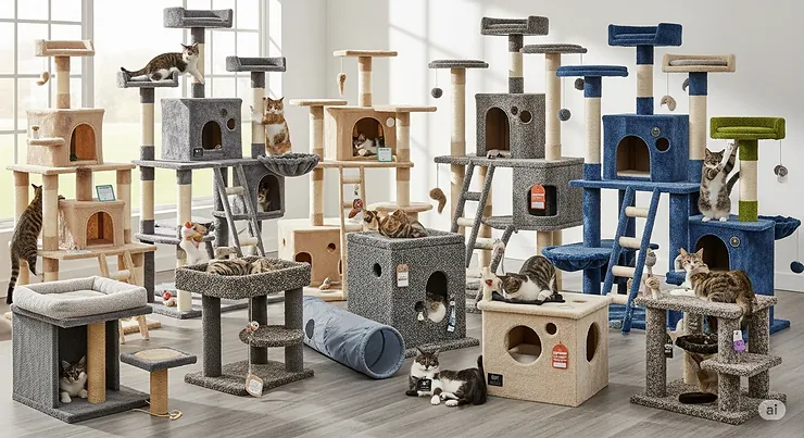 An array of different carpeted cat condo designs and sizes, from compact models to elaborate multi-tower structures, showcasing various options for different spaces.