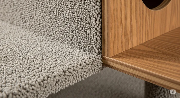 A detail shot of the durable, high-quality carpet and wood materials used in the construction of a carpeted cat condo, emphasizing its longevity.