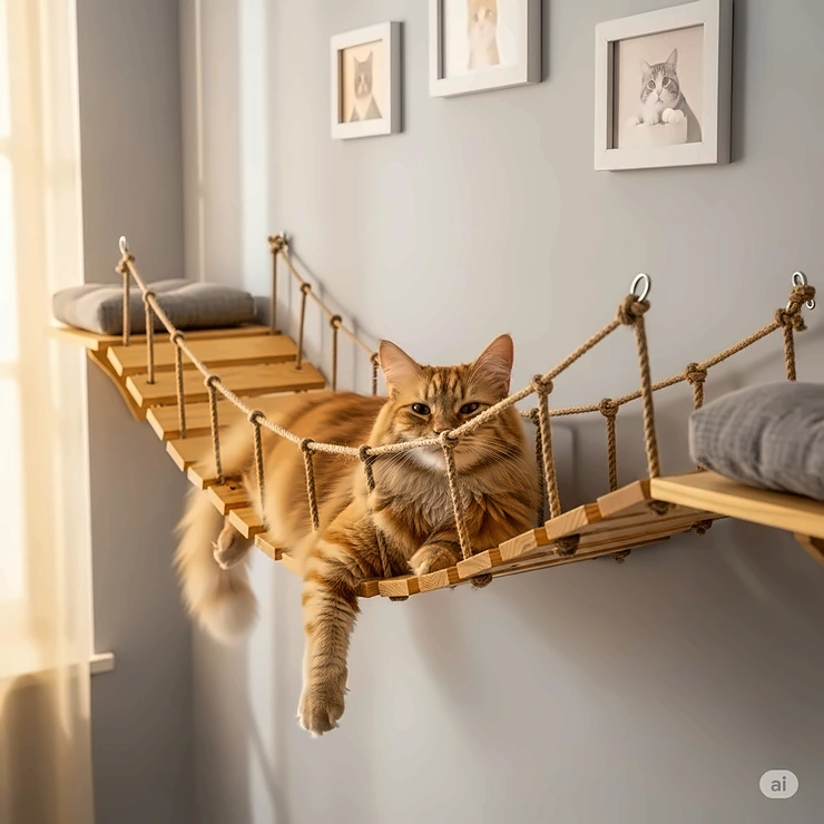 A cozy cat bridge installed on a wall, showcasing a happy cat lounging on the elevated walkway.