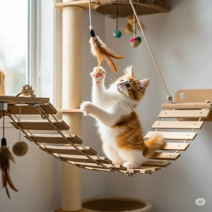 A playful kitten batting at a toy while on a hanging cat bridge, emphasizing the enrichment and exercise benefits.